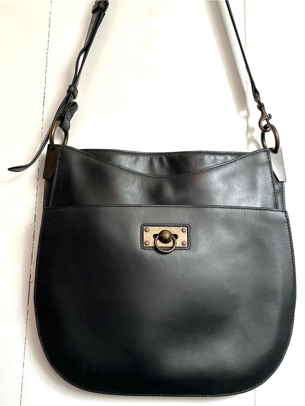 Frye Farrah Large Hobo Black Smooth Leather Saddle Crossbody Messenger Bag